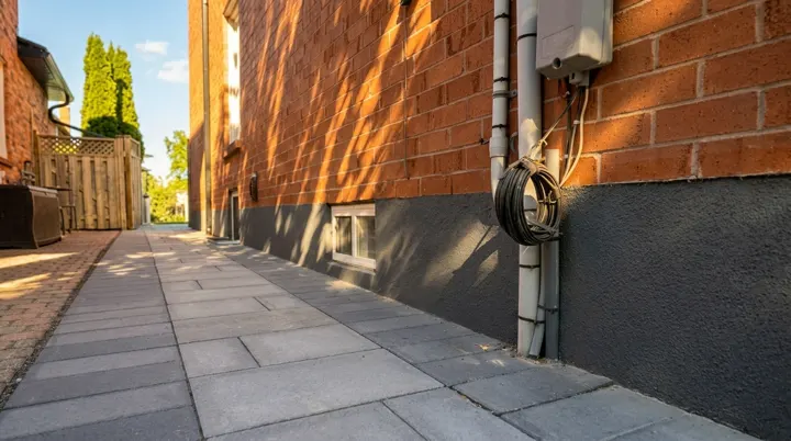 New dark grey parging along a brick home's foundation