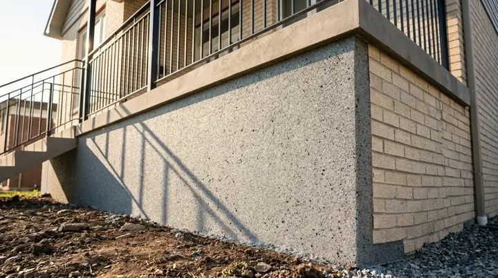 Textured parging on a tall exposed foundation
